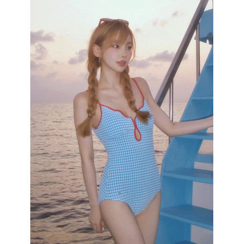 純欲小香風可愛少女甜美格子性感露背簡約連體遊泳衣女swimsuit