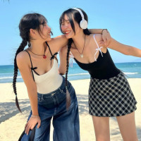 2024年小衆顯白純色細肩帶連體泳衣女辣妹風性感度假露背吊帶學生