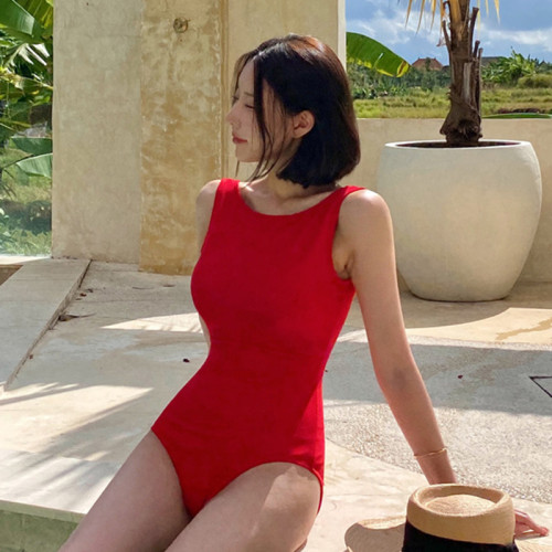 韓國氣質女神修身顯瘦大紅色連體露背遊泳衣女泳裝 韓國氣質女神修身顯瘦大紅色連體露背遊泳衣女泳裝