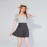 2022新款性感露背遮肚顯瘦復古拼色簡約時尚連體裙式泳衣女兩件套