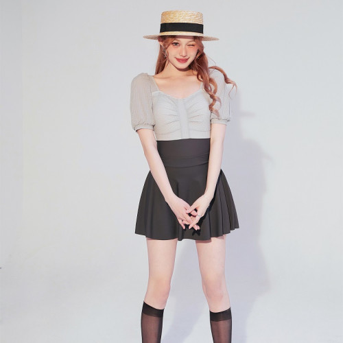 2022新款性感露背遮肚顯瘦復古拼色簡約時尚連體裙式泳衣女兩件套