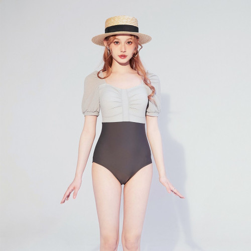 2022新款性感露背遮肚顯瘦復古拼色簡約時尚連體裙式泳衣女兩件套