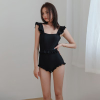 韓國ins時尚連體泳衣女性感三角露背黑色顯瘦遮肚顯瘦泡溫泉泳裝