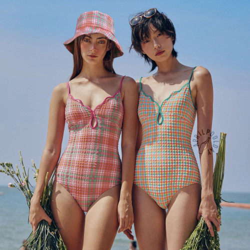 甜美少女小香風菱形格保守分體裙式簡約連體性感露背遊泳衣女泳裝