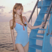 純欲小香風可愛少女甜美格子性感露背簡約連體遊泳衣女swimsuit
