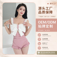 韓國ins風性感遊泳衣女士連體高腰顯瘦網紅蝴蝶結保守泡溫泉泳裝
