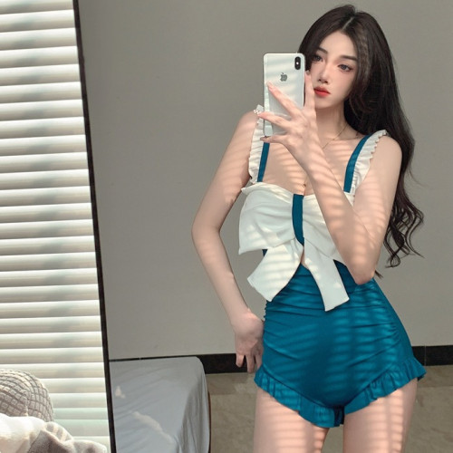 韓國ins風性感遊泳衣女士連體高腰顯瘦網紅蝴蝶結保守泡溫泉泳裝