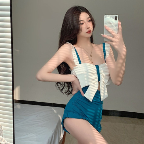 韓國ins風性感遊泳衣女士連體高腰顯瘦網紅蝴蝶結保守泡溫泉泳裝