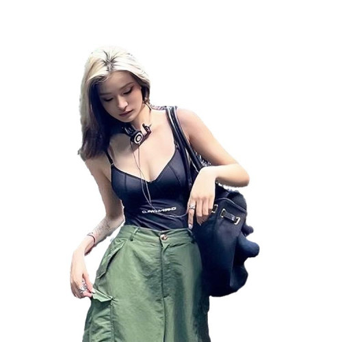 簡約純色吊帶辣妹風性感字母露背顯瘦連體泡溫泉泳裝女