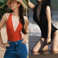連體泳衣女性感深V露背歐美風度假外穿收腰顯瘦純色少女沙灘泳裝