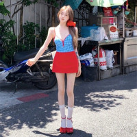 復古撞色紅格子連體泳衣女性感露背辣妹純欲小胸夏季沙灘海邊度假