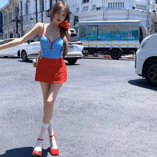 復古撞色紅格子連體泳衣女性感露背辣妹純欲小胸夏季沙灘海邊度假