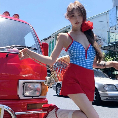 復古撞色紅格子連體泳衣女性感露背辣妹純欲小胸夏季沙灘海邊度假