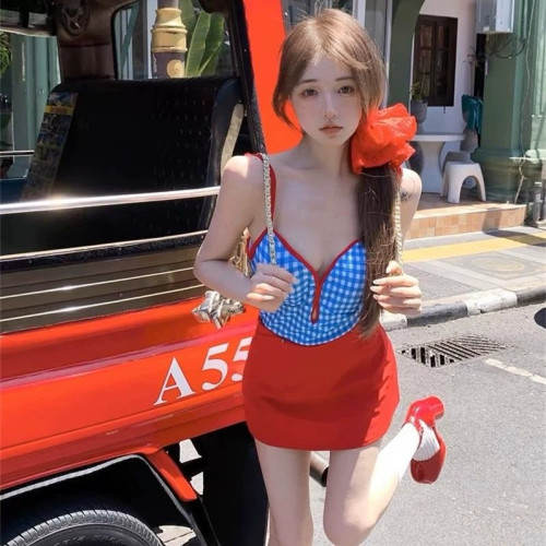 復古撞色紅格子連體泳衣女性感露背辣妹純欲小胸夏季沙灘海邊度假