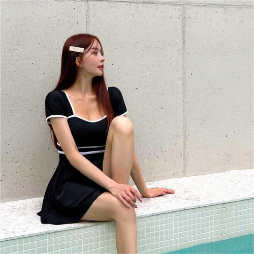 韓國ins風復古簡約雙肩顯瘦性感露背保守分體裙款遊泳衣女