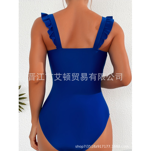 0847BLUE深V領聚攏露背歐美純色連體泳衣