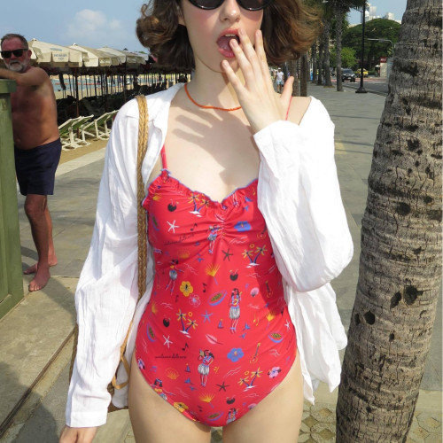 可愛少女性感純欲小香風簡約雙肩吊帶連體露背遊泳衣女溫泉泳裝