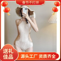 沐浪法式泳衣女夏連體高級感挖腰性感顯瘦露背溫泉度假泳裝
