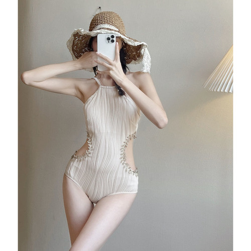 沐浪法式泳衣女夏連體高級感挖腰性感顯瘦露背溫泉度假泳裝