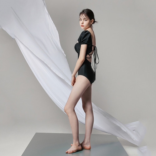 24新款純色性感露背方領泡泡袖學生保守三角遊泳衣聚攏連體女