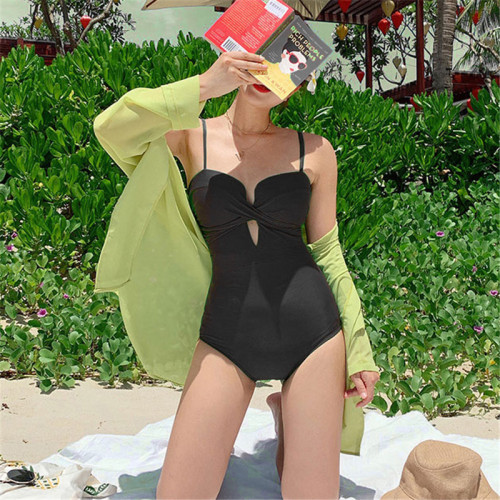 韓國新款保守顯瘦連體純色性感聚攏露背溫泉泳衣女bikini