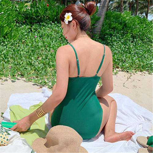 韓國新款保守顯瘦連體純色性感聚攏露背溫泉泳衣女bikini