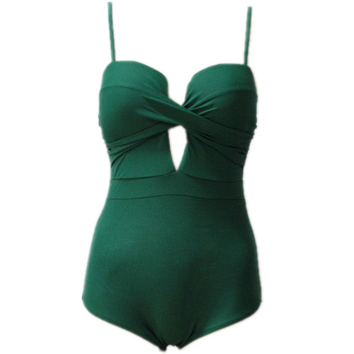 韓國新款保守顯瘦連體純色性感聚攏露背溫泉泳衣女bikini