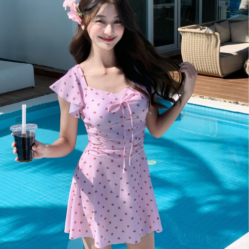 泳衣女款連體復古櫻桃露背甜美裙式保守顯瘦遮肚溫泉少女學生泳裝