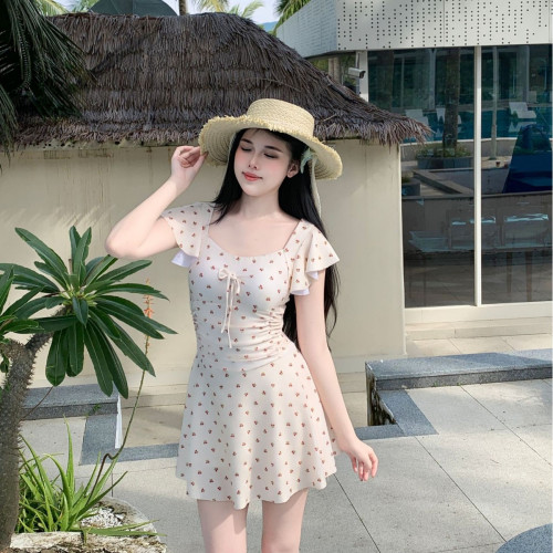 泳衣女款連體復古櫻桃露背甜美裙式保守顯瘦遮肚溫泉少女學生泳裝