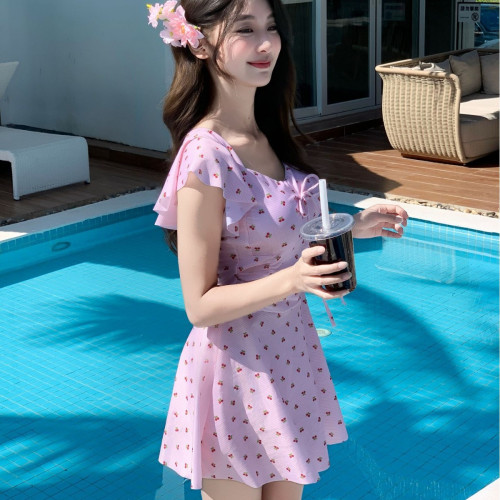 泳衣女款連體復古櫻桃露背甜美裙式保守顯瘦遮肚溫泉少女學生泳裝