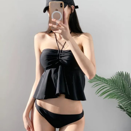 新款分體裙式泳衣女 純色小胸復古抽繩抹胸聚攏露背沙灘度假泳裝 新款分體裙式泳衣女 純色小胸復古抽繩抹胸聚攏露背沙灘度假泳裝