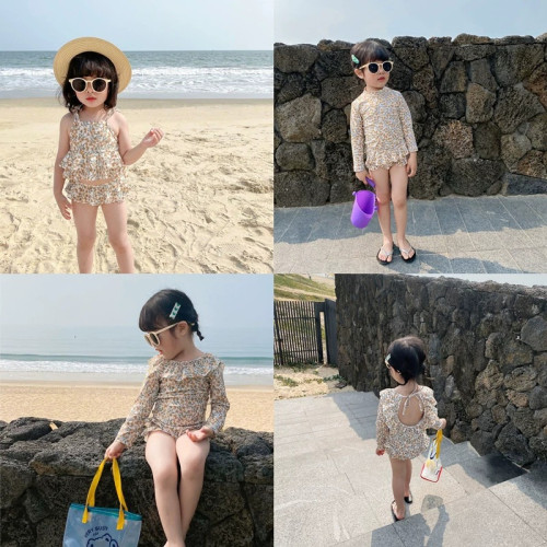 2026丹麥KS檸檬小花女童泳衣嬰幼兒連體泳裝兒童長袖荷葉邊遊泳衣