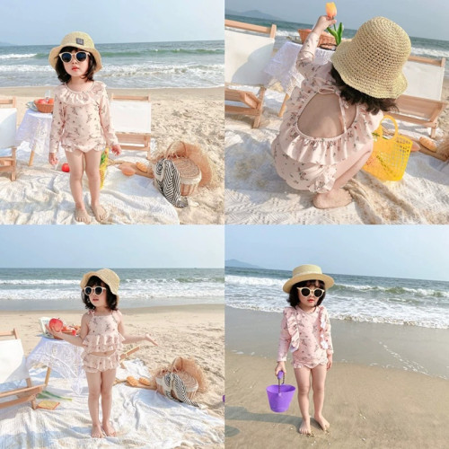 2026丹麥KS檸檬小花女童泳衣嬰幼兒連體泳裝兒童長袖荷葉邊遊泳衣