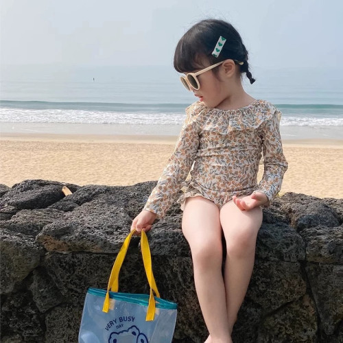 2026丹麥KS檸檬小花女童泳衣嬰幼兒連體泳裝兒童長袖荷葉邊遊泳衣