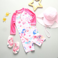新款兒童連體沖浪服長袖小童寶寶女童可愛嬰兒印花防曬泳裝