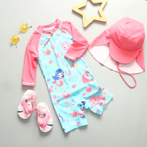 新款兒童連體沖浪服長袖小童寶寶女童可愛嬰兒印花防曬泳裝