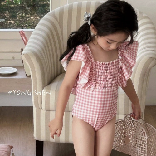 2026夏季新款KS女童女寶寶粉嫩格子花邊連體泳衣女孩度假兒童泳裝