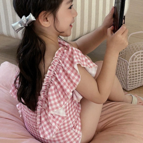 2026夏季新款KS女童女寶寶粉嫩格子花邊連體泳衣女孩度假兒童泳裝