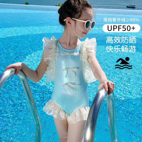 2026夏季網紗花邊度假泳裝 女童泳衣連體公主風寶寶防曬遊泳衣