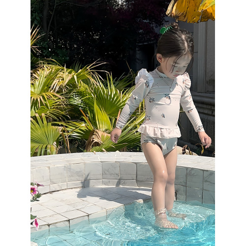 新款女童連體泳裝夏季公主中小童女寶寶甜美櫻桃花邊長袖防曬泳衣
