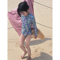 2025夏季韓版女童花草長袖連體泳衣夏季防曬泳衣女寶寶泳衣洋氣公