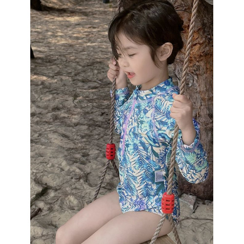2025夏季韓版女童花草長袖連體泳衣夏季防曬泳衣女寶寶泳衣洋氣公