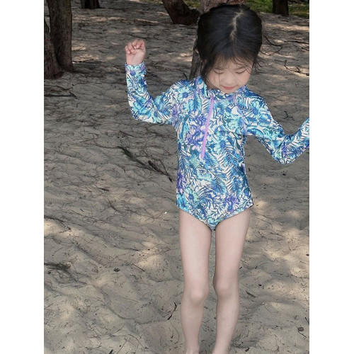 2025夏季韓版女童花草長袖連體泳衣夏季防曬泳衣女寶寶泳衣洋氣公