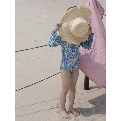 2025夏季韓版女童花草長袖連體泳衣夏季防曬泳衣女寶寶泳衣洋氣公