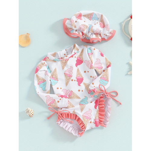 R 47809 Ruffled infant swimsuit 抽褶嬰兒連體泳衣新款歐美