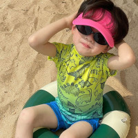 兒童連體短袖泳衣男童夏季可愛恐龍防曬速乾中小童海邊度假套裝棉