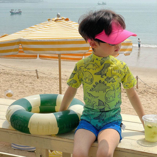 兒童連體短袖泳衣男童夏季可愛恐龍防曬速乾中小童海邊度假套裝棉