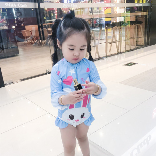 兒童連體泳衣韓國ins女童長袖防曬小兔裙式海邊沖浪服套裝潮