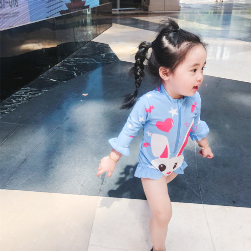 兒童連體泳衣韓國ins女童長袖防曬小兔裙式海邊沖浪服套裝潮