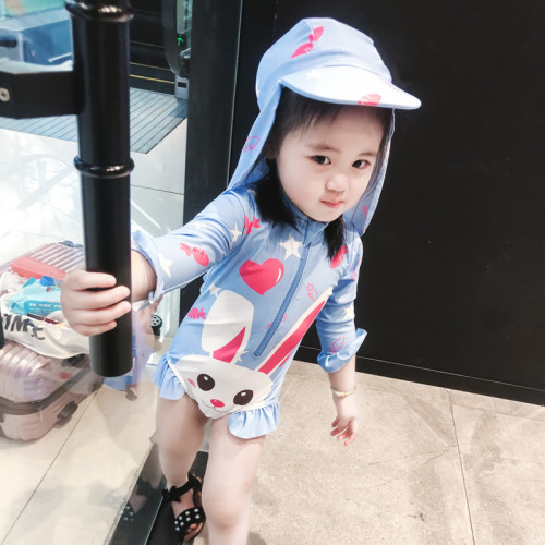 兒童連體泳衣韓國ins女童長袖防曬小兔裙式海邊沖浪服套裝潮